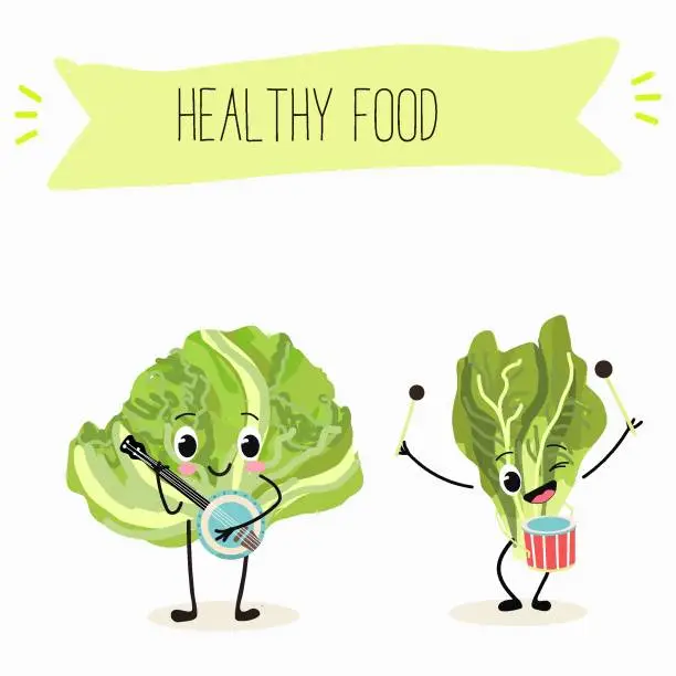 Vector illustration of Illustration with funny cartoon characters romano, lettuce,iceberg, salad, vegetable. Funny and healthy food. Vitamins, cute face food, ingredients, vegetarian, vector cartoon.