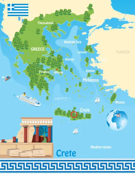 Vector illustration of Greece Map, Temple of Cnossos, Crete island