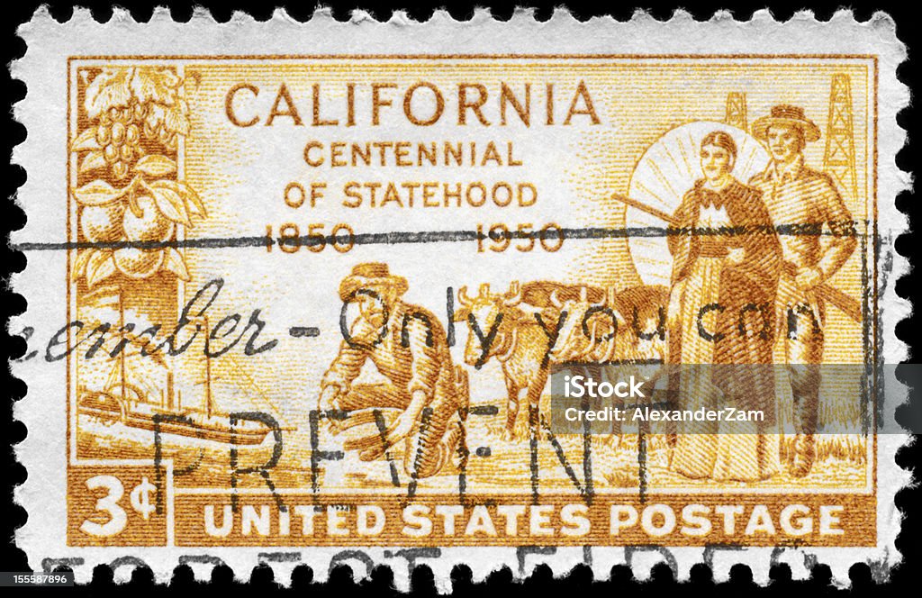 California Statehood A Stamp printed in USA shows the Gold Miner, Pioneers, and S.S. Oregon, devoted to California Statehood Centenary, circa 1950 100th Anniversary Stock Photo