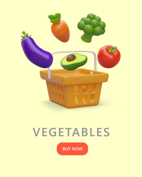istock Vertical poster with 3D vegetables and shopping cart. Eggplant, avocado, broccoli, tomato, carrot 1555884301