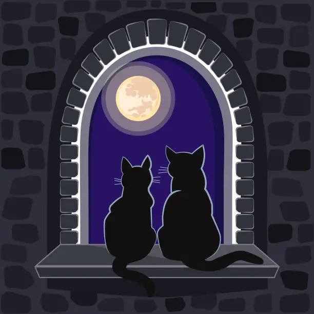 Vector illustration of Two cats sit on the window of a medieval castle