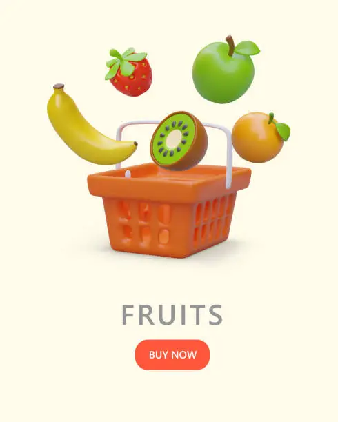 Vector illustration of Template with floating realistic fruits. Shopping cart, 3D strawberry, apple, banana, kiwi, orange