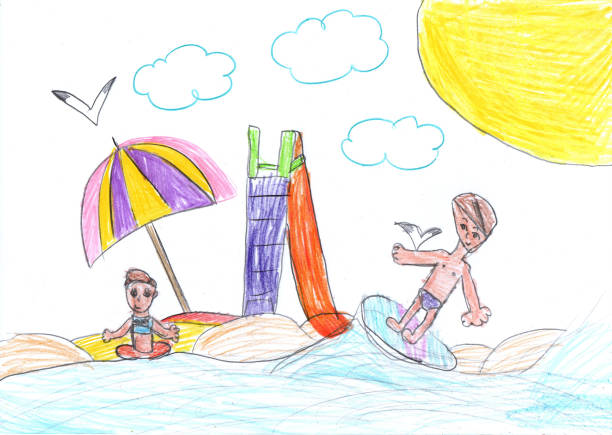 illustrations, cliparts, dessins animés et icônes de dessin d’enfant d’une famille heureuse en vacances à la plage. loisirs de plein air pour enfants d’été au bord de la mer. l’art au crayon dans un style enfantin - dessin enfant plage