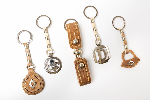 Keychains made of leather isolated on white background. Clipping path.