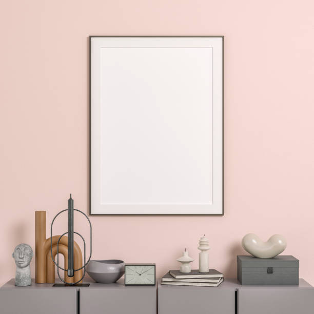 istock Simple interior with a gray cabinet, a large square picture frame and copy space on the wall, with the 70s decoration 1555895715