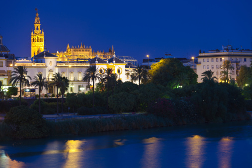 Partial view of the Giralda de Sevilla and Guadalquivir river at night