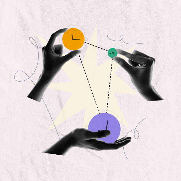 istock Human hands connecting tasks. Deadlines, Finishing work on time. Contemporary art collage. Conceptual design 1555900201