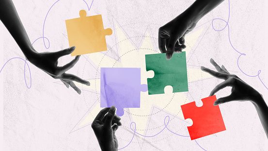 Human hands connecting puzzles. Well-coordinated teamwork. Strategy. Contemporary art collage. Conceptual design. Concept of business and professional occupation, career, office, ambitions, ad
