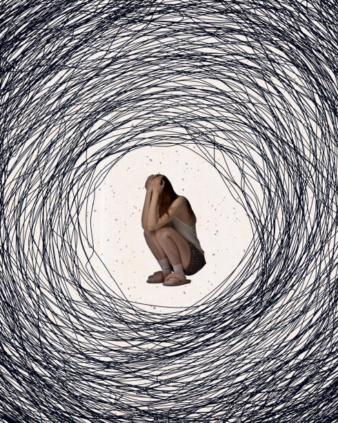 istock Tangled thoughts and overthinking, Young woman suffering from depression and mental breakdown. Contemporary art collage. 1555903225