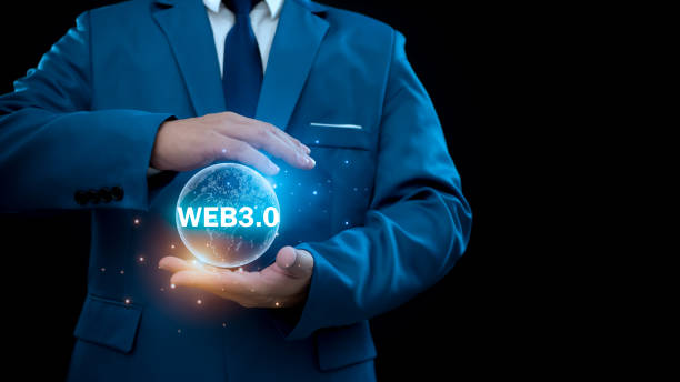istock Web 3.0 concept with businessman in suit on black background. Technology and web concept 3.0. Technology global network. website internet development. 1555912783
