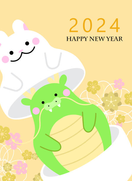 ilustraciones, imágenes clip art, dibujos animados e iconos de stock de conejo del zodiaco y dragón del zodiaco para el año del dragón 2024 - mamushka