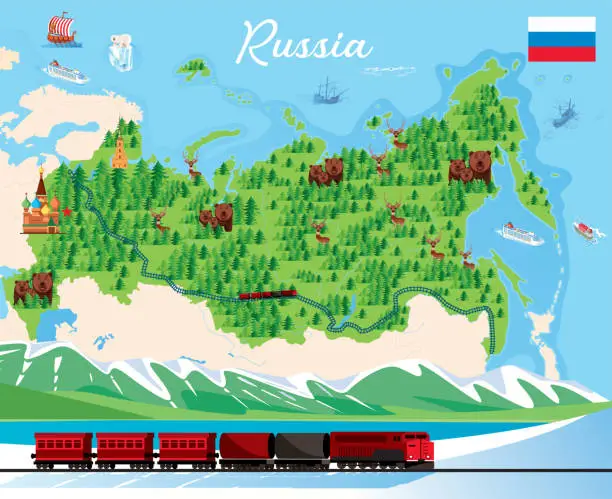 Vector illustration of Russia Travel Map and Trans Siberian Railway