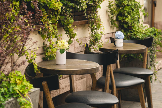 istock Tables and chairs in a cafe with climbing plants on the wall. 1555924880