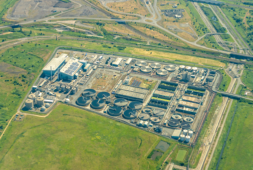 A large sewage works processing plant seen from above.