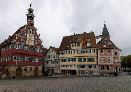 Esslingen town hall on a rainy spring day with cobblestone forecourt