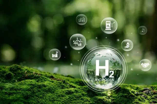 H2 hydrogen innovation zero emissions technology.Globe Glass with H2 icons. Reduce carbon dioxide and greenhouse gases production fuel station. renewable fuel green energy.Green hydrogen.