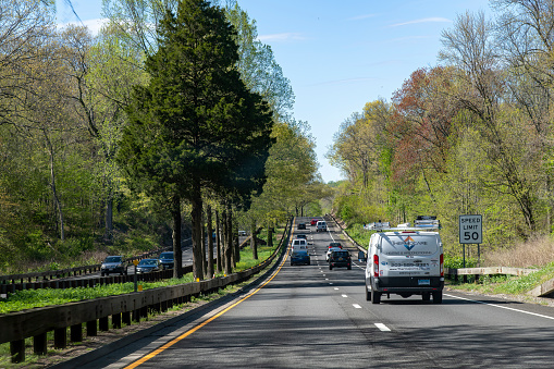Purchase, NY, USA-May 2022; View over the Hutchinson River Parkway in northbound direction of the New York–Connecticut state line