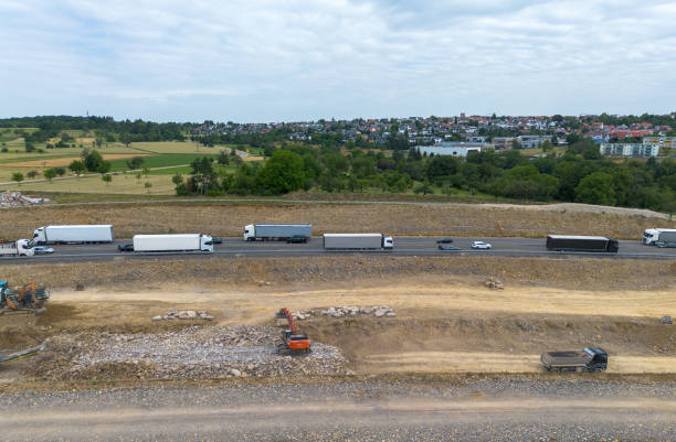 Motorway construction site with construction vehicles and machines, new construction and renovation of the A8 near Pforzheim, drone recording