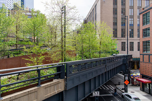 New York City, NY, USA-June 2022; View of the High Line modern elevated park with walkway and old railway tracks now a fully overgrown with green trees