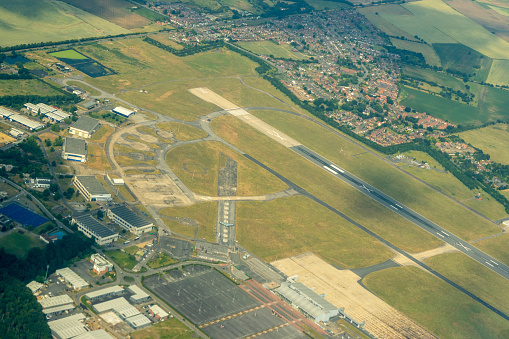 An aerial view of Doncaster Sheffield Airport as it sits closed, in South Yorkshire, UK.