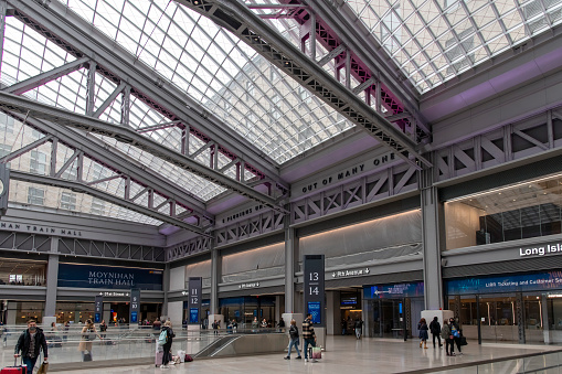 New York City, NY, USA-June 2022; View of the Moynihan Train Hall, an expansion of Pennsylvania Station, the main intercity and commuter rail station in the city in former main post office building