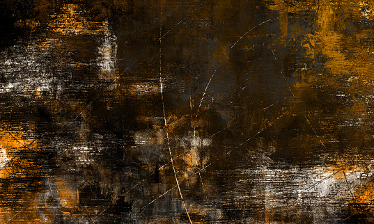 Distressed Yellow Brown Old Brick Wall With Graffiti Street Art. Background And Painted And Draw. Abstract Grunge Modern Grafitty Wallpaper. Abstract Plastered Wall  Abstract background on a concrete