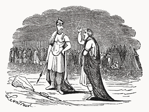 The prophet Shemaiah tells king Rehoboam son of Solomon not to fight against their brother tribes (1 Kings 13, 22 - 24). Wood engraving, published in 1835.