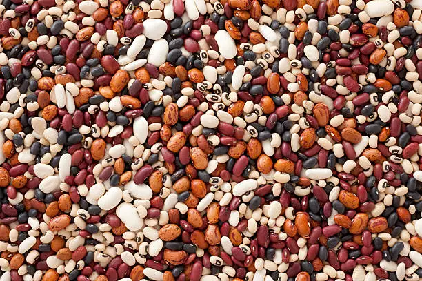 Top view of lots of white beans varieties (kidney bean, black bean, black-eyed pea, lima bean, pinto bean)