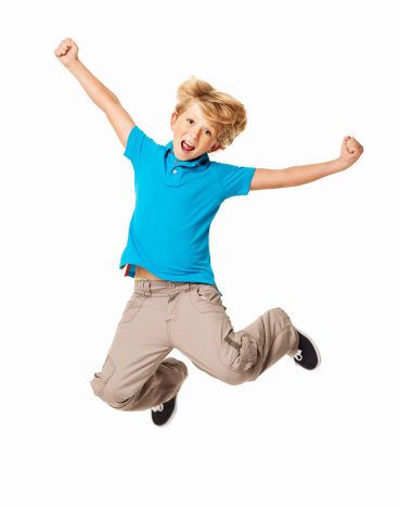 Boy and little girl jump with white background.