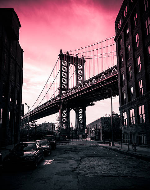 Detailed, closeup perspective of Brooklyn Bridge in New York state