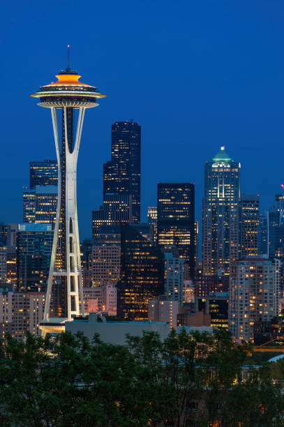 seattle downtown z widokiem na oświetlony w nocy - seattle skyline cityscape space needle zdjęcia i obrazy z banku zdjęć