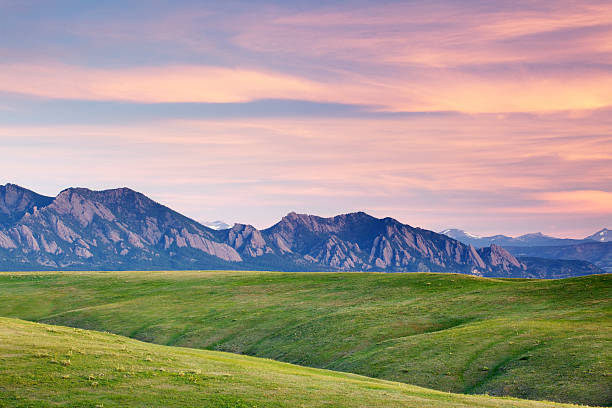 Sunrise on Flatirons of Boulder Colorado stock photo