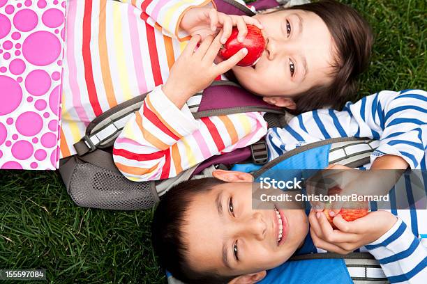 Young Boy And Girl Establecer Con Una Manzana Foto de stock y más banco de imágenes de Niño - Niño, Comer, Aire libre