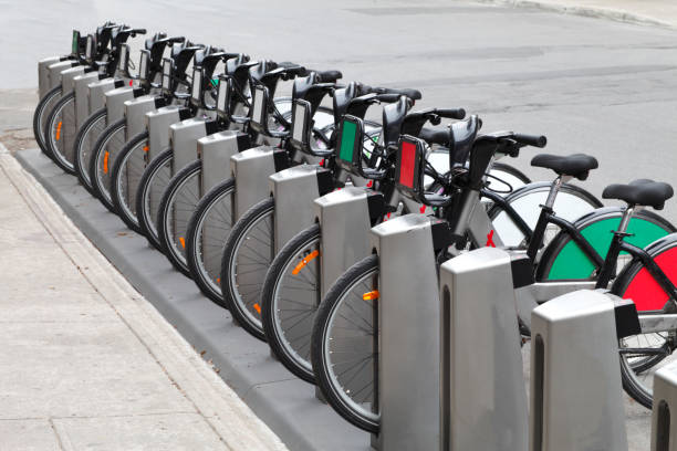 Rental bicycle stand in downtown Montreal.