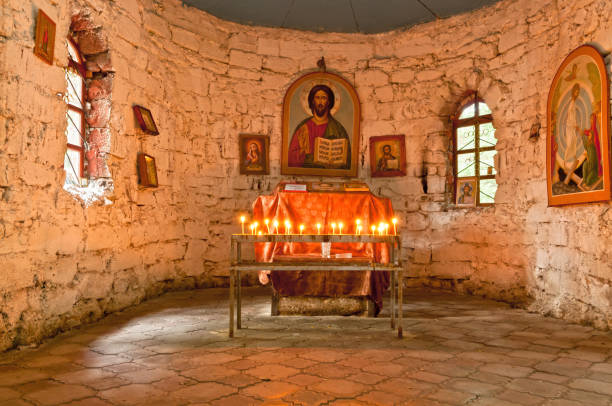 istock Inside of small Russian Orthodox chapel 155597541