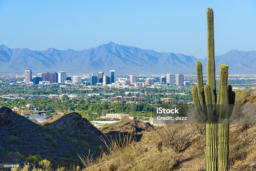 Phoenix skyline framed by saguaro cactus and mountainous desert Phoenix Arizona skyline framed by saguaro cactus and mountainous desert Phoenix - Arizona Stock Photo