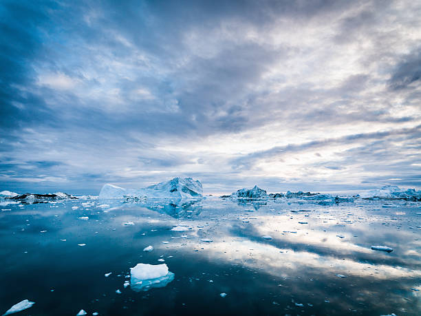 北極 icebergs グリーンランドイルリサット ice フィヨルド朝の日の出 - ice cold glacier blue ストックフォトと画像