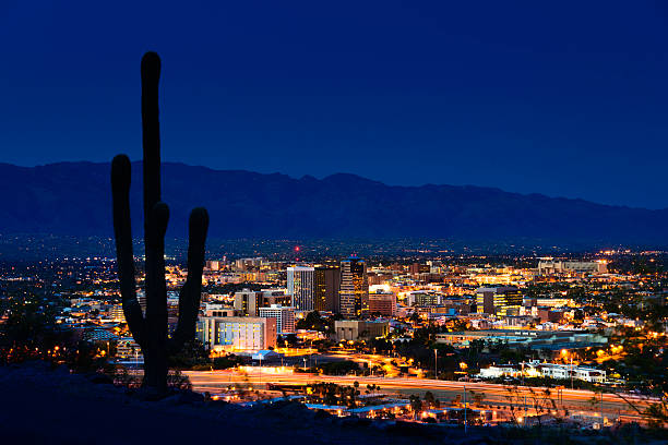 Tucson Arizona at night framed by saguaro cactus and mountains