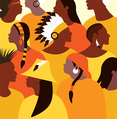 Vector illustration of National Day for Truth and Reconciliation crowd of indigenous people wearing orange. Fully editable vector eps. Use for advertisements, posters, web banners, leaflets, cards, t-shirt designs and backgrounds. First Nations, Inuit and Métis indigenous people of Canada.  Royalty free stock image.
