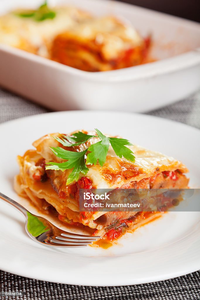 Lasagna Typical italian lasagna served in a plate, one portion in front, baking dish blurred in the background Lasagna Stock Photo