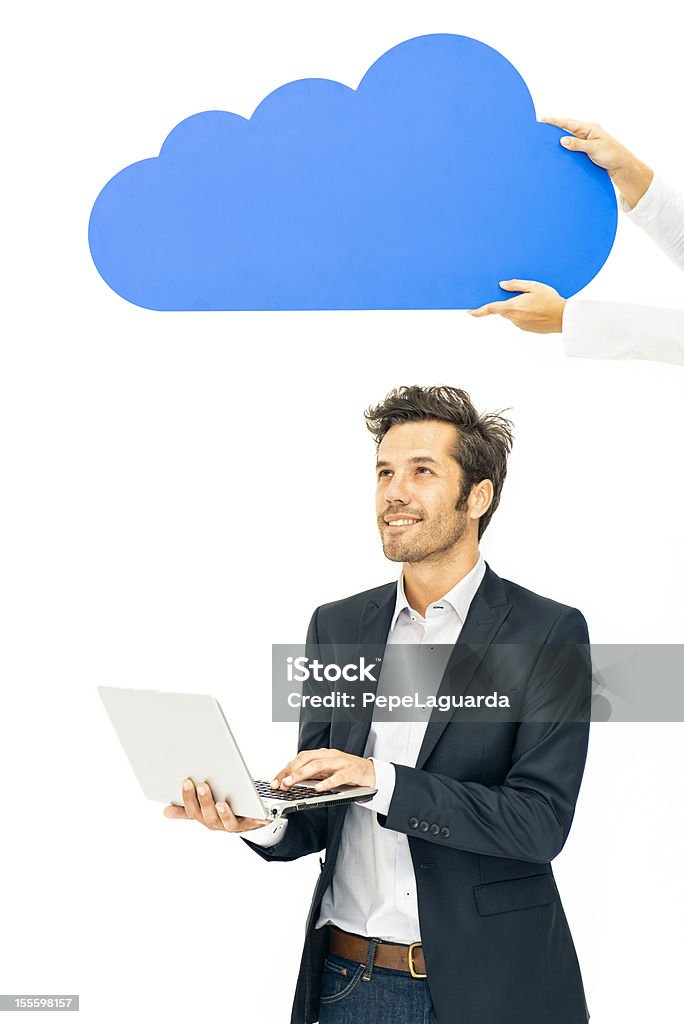 Hands holding coputing cloud over businessman Hands holding coputing cloud over businessman. White Background Stock Photo