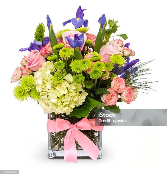 Colorful Floral Bouquet In Glass Vase With Pink Ribbon Isolated Stock Photo - Download Image Now