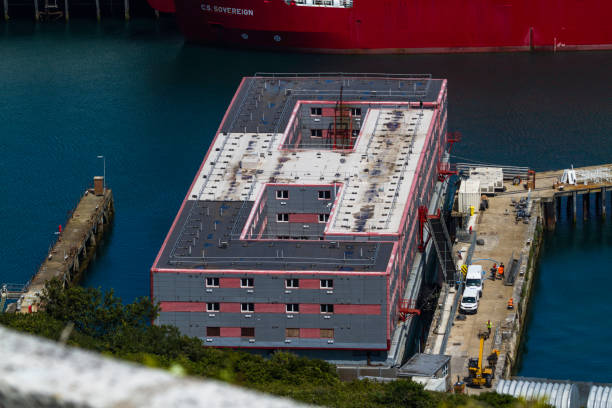 Editorial, Bibby Stockholm barge from above docked on land after arriving the day before. To house 500 UK asylum seekers. Portland, Weymouth, Dorset, England. - fotografia de stock
