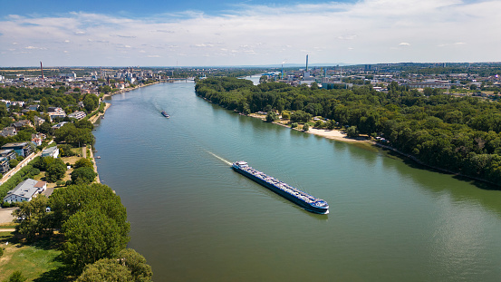 Wiesbaden Biebrich, Rhine river, industrial ship - aerial view