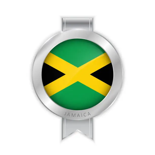 Vector illustration of Jamaica flag silver brooch, stickers. 3D vector style