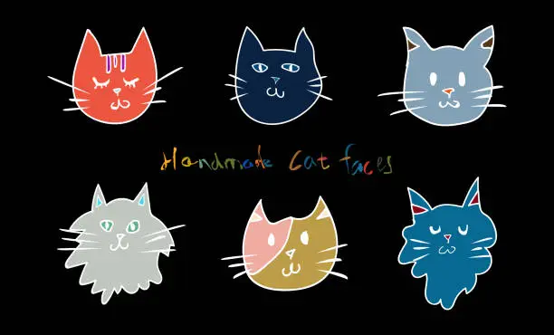 Vector illustration of Vector hand drawing colors cute cartoon style cat faces collection