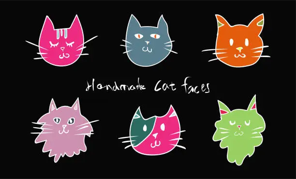 Vector illustration of Vector hand drawing colors cute cartoon style cat faces collection for kids