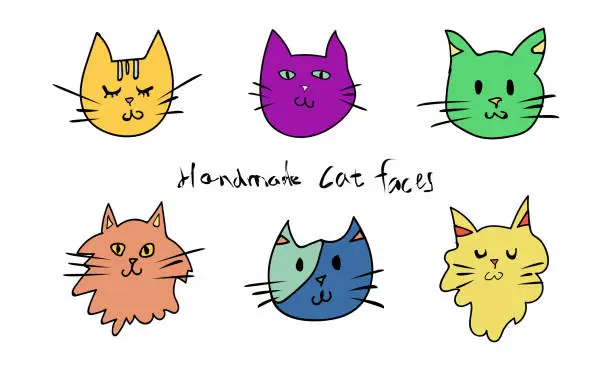 Vector illustration of Vector Handmade colors cute cartoon style cat head faces collection for kids