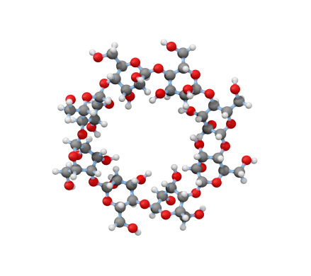 A ball and stick model of a molecule of gamma-Cyclodextrin. Composed of eight glucose sugar molecules bound into a ring structure, cyclodextrins are easily made from simple starch. The large ring can bind smaller molecules within it, making Cylodextrins useful in drug-delivery applications and also to clean up toxins (such as heavy metals) in the environment. Currently, gamma-Cyclodextrin is being considered as a structure which can bind to and hold carbon dioxide gas for carbon capture and storage as a way to manage the effect of excess carbon dioxide on the climate.