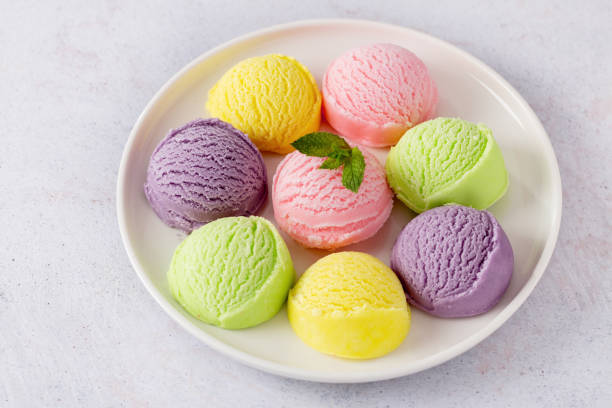 istock Pastel colored ice cream scoops on white plate, top view. 1556001624
